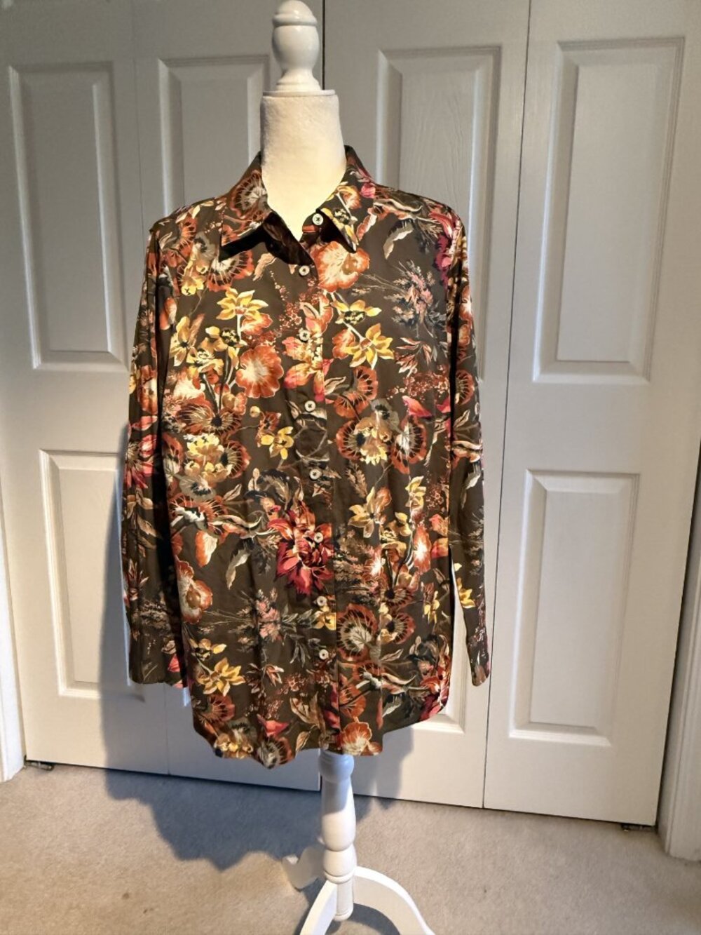 Talbots Plus Size 1X Floral Button Up Shirt Olive Cotton Long Sleeve Top Cotton